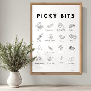 Könnte beinhalten: Eine schwarz-weiße druckbare Tabelle mit dem Titel "Picky Bits" und Illustrationen verschiedener Lebensmittel, darunter Salat, Wurstrolle, Chips und Dips, Pizza, Brot, Fleisch und Käse, Quiche, Schottisches Ei, Samosa, Brotstäbchen, Kartoffelspalten, Gurken, Karotten und Hummus, Frühlingsrolle, Oliven und Cracker.