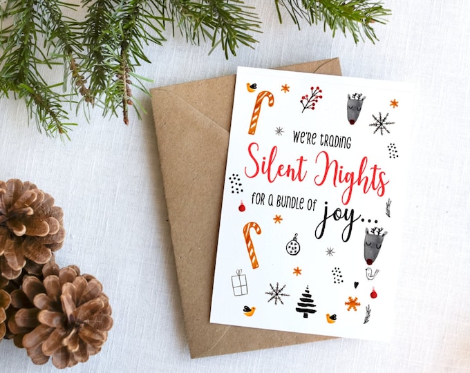 Christmas Pregnancy Announcement Card, Silent Nights, Baby announcement, Christmas baby