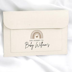 May include: A cream-coloured baby keepsake envelope with a flap closure. The front features a brown rainbow graphic and the text "OUR JOURNEY TO Baby William's" in a handwritten style font.