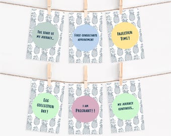 Peut inclure: Six cartes avec des motifs d'ananas et du texte en cercles. Le texte sur les cartes est : "Le début de mon voyage", "Premier rendez-vous avec les consultants", "Heure de l'injection", "Jour de la collecte des ovules", "Je suis enceinte", et "Mon voyage continue".