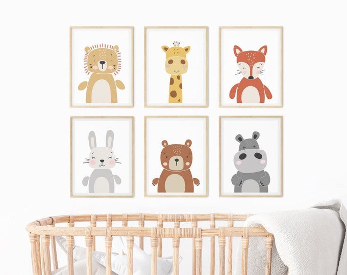 Animal nursery décor set of 6 prints | Safari | Neutral Prints | Playroom poster |  A4