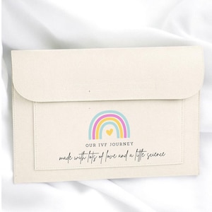 May include: A cream-coloured felt envelope pouch featuring a printed graphic of a pastel rainbow with a small yellow heart in the centre. Below the rainbow, the text reads "OUR IVF JOURNEY" and "made with lots of love and a little science."