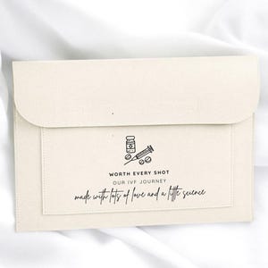 May include: A cream-coloured felt envelope pouch featuring a black graphic of a medicine vial, a syringe, and two pills. The text reads: WORTH EVERY SHOT, OUR IVF JOURNEY, made with lots of love and a little science. The pouch has a flap closure.