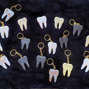 Puede incluir: Una colección de 16 llaveros con forma de diente en varios colores, incluyendo blanco, negro, dorado y marrón. Los llaveros están hechos de un material liso y texturizado y cuentan con un anillo dorado para sujetar las llaves.