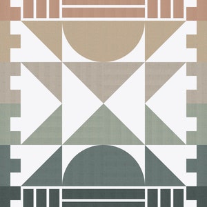 May include: Abstract geometric pattern with a white background and a series of overlapping shapes in shades of brown, beige, green, and blue. The shapes include triangles, semicircles, and rectangles.