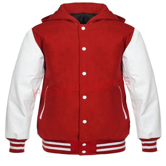 Custom Varsity Hoodie Jacket Letterman Baseball Body Red Wool \u0026 100% White Color Leather Sleeves Jacket Sizes in Men/Women/Kids