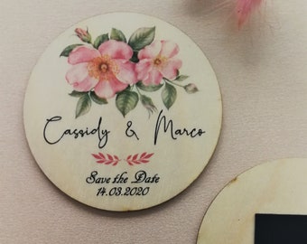 Personalized Wooden Wedding Favor Magnets:Floral Save the Date , Thank You, Engagement, Birthday