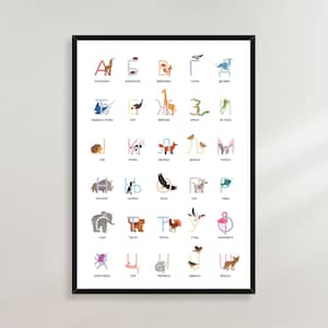 May include: A colourful alphabet poster featuring illustrations of animals for each letter. The poster is in Russian and includes the Cyrillic alphabet. The animals are depicted in a cartoon style with bright colours.