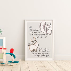 May include: A framed print featuring a whimsical illustration of a bunny and a squirrel. The artwork includes text in a playful font. The color palette consists of soft beige, white, and brown tones, creating a gentle aesthetic.