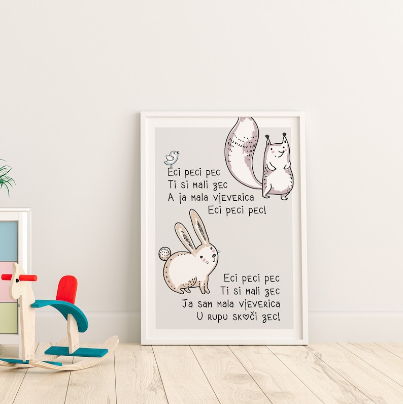May include: A framed print featuring a whimsical illustration of a bunny and a squirrel. The artwork includes text in a playful font. The color palette consists of soft beige, white, and brown tones, creating a gentle aesthetic.