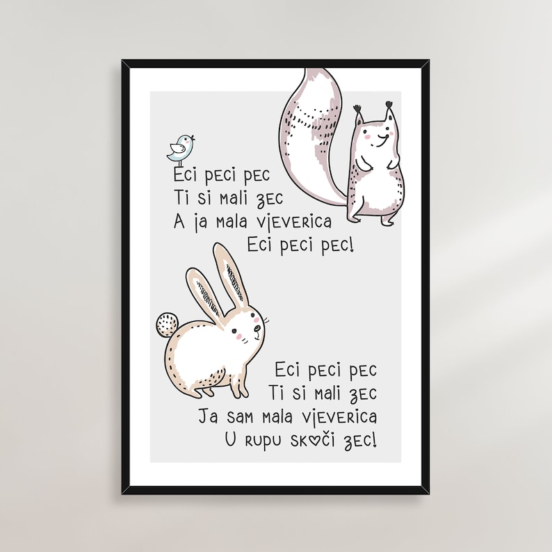 May include: A framed art print featuring a whimsical illustration of a squirrel, a rabbit, and a bird. The artwork includes text in a playful font. The animals are drawn in a cartoon style with soft colors.