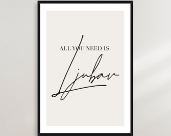 May include: A minimalist printable wall art design with a black frame and a beige background. The text reads "All you need is" followed by the word "Jinbar" in a handwritten script font.