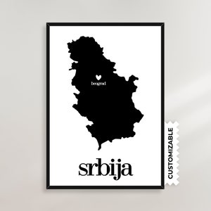 Carte de la Serbie avec les villes | Affiche personnalisable