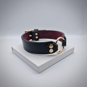 May include: A black leather collar with a burgundy interior and gold-colored hardware, including a buckle and a large O-ring. The collar is displayed on a white surface.