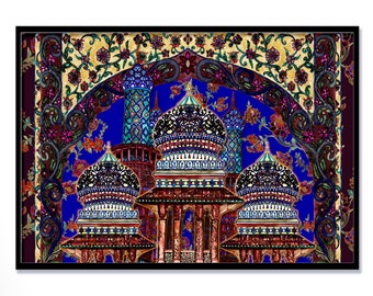 Wazir Khan Mosque Art Print | Isfahan Floral Dome, Mixed Media (A3 Unframed)