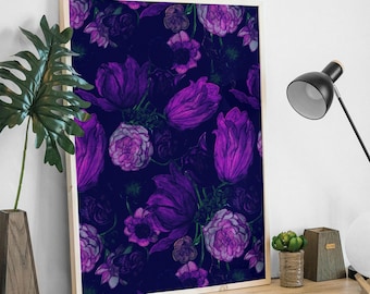 Gothic Floral Art Print | Dark Purple Flower Wall Decor (UNFRAMED)