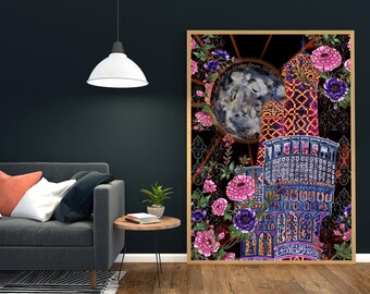 Isfahan Minaret Art Print | Islamic Floral Watercolor (Unframed)
