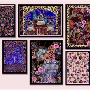 Beautiful Set of 6 Art Prints | Islamic Floral Art | Isfahan & Wazir Khan Minaret | Wall Art | Wall Decor | Gallery Wall