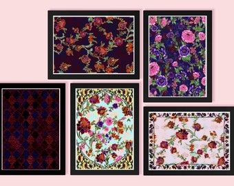 Islamic Floral Art Prints Set | Vintage Style, Geometric Pattern (A5)