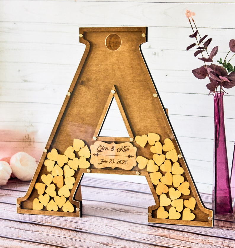 Gold Wedding Drop Box Alternative Wooden Guest Book 3D Personalized