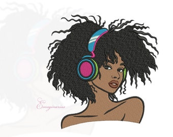 Machine Embroidery Design, Cute Girl In Headphones, Curly Hair, Beauty Woman, Music, Phone - 4, 5, 6, 7 inch
