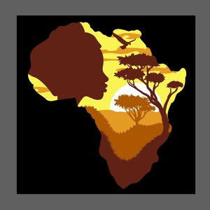 Digitale, Ragazza carina, Capelli naturali, Mappa dell'Africa, Silhouette di donna, Bella, Carta tagliata, Africano, Savana, Light box, SVG a strati, file fai da te