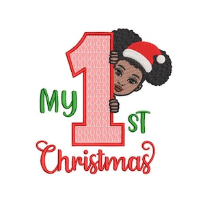 Machine Embroidery Design, Applique, Apply, Peekaboo, My First Merry Christmas, 1st, New Year, Peeking Cute Girl, Woman - 5, 6, 7 inch