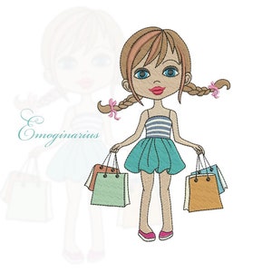 May include: A cartoon girl with brown hair and blue eyes is holding shopping bags. The bags are blue, green, and orange. The girl is wearing a blue and white striped shirt and a turquoise skirt.
