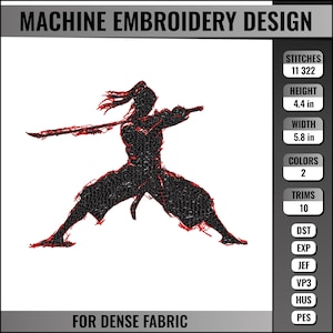 Puede incluir: Diseño de bordado a máquina de un guerrero samurái negro con contorno rojo, empuñando una espada. El diseño mide 11,2 cm de alto y 14,7 cm de ancho, con 11.322 puntadas y 2 colores. Texto: "FOR DENSE FABRIC".