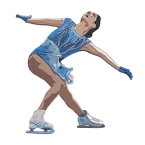 May include: An embroidered image of a figure skater in a blue dress with white accents, gloves, and ice skates. The skater is in a dynamic pose with arms outstretched and head tilted back, suggesting movement and grace. The image is set against a white background.
