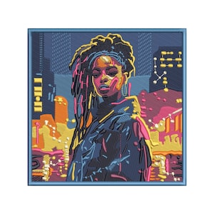 Machine Embroidery Design, Cute Girl, Loc, Natural Hair, Woman, Neon City - 5, 6, 7 inch