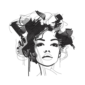 Machine Embroidery Design, Cute Girl Portrait, Natural Hair, Lineart, Abstract Woman - 5, 6, 7 inch