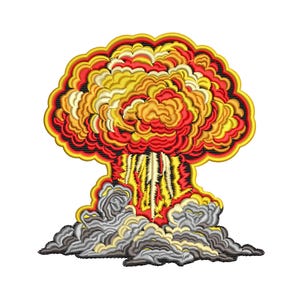 Puede incluir: Una imagen bordada estilizada de una explosión en forma de hongo en rojo, amarillo y naranja con una columna de humo gris y blanco en la parte inferior.
