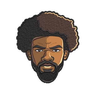 Puede incluir: Retrato bordado de un hombre con tez oscura, barba completa y un gran afro. La cara está detallada con líneas cosidas, mostrando los ojos, la nariz y la boca. La paleta de colores incluye tonos de marrón, negro y beige.