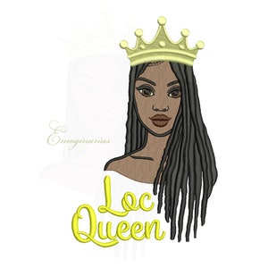 May include: A digital illustration of a Black woman with long locs wearing a gold crown. The text "Loc Queen" is written in yellow below her.