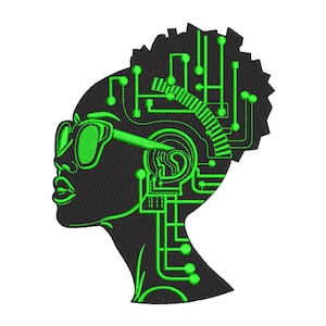 Może przedstawiać: Czarna sylwetka profilu osoby w zielonych okularach przeciwsłonecznych. Głowa wypełniona jest zielonym wzorem obwodu drukowanego. Obraz jest cyfrową ilustracją o futurystycznym motywie.