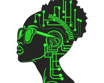 Machineborduurontwerp, cybergirl, vrouw, kunstmatige intelligentie, AI, hersenen, programmering, technologie, CPU, grootte: 5, 6, 7 inch