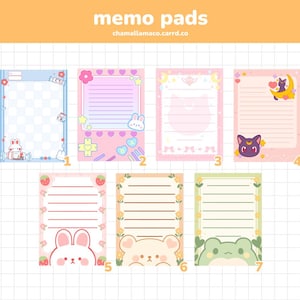 May include: Seven different memo pads with cute illustrations. The memo pads are all pink, blue, and yellow with different designs. The designs include a bunny, a bear, a frog, a cat, and a star. The memo pads are all lined and have a white background.