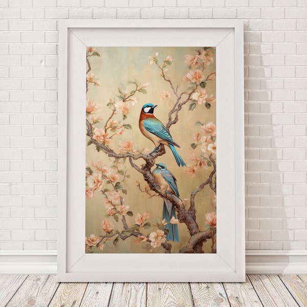 Bird, Chinoiserie, Digital Download, Blue, Home Decor, Gift, Bird Lover, Wall Art, Printable Poster, Flower Digital Art, vintage style