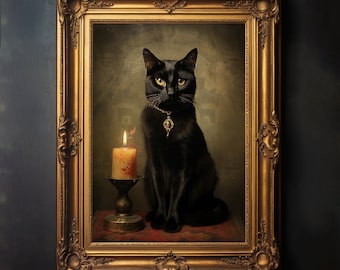 Black Cat Vintage Portrait, Pet Painting, Animal Portrait, Candle Art Gothic Cat, Halloween, Digital Art Print Beautiful Black Cat Poster