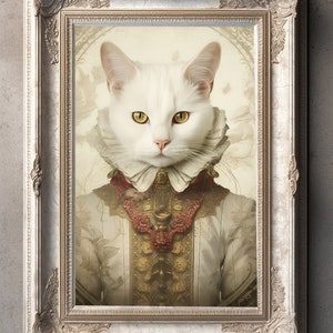 White Cat Vintage Portrait, Pet Painting, Renaissance Animal Portrait, Animal Head, Human Body Quirky Cat Poster, Digital Art Print