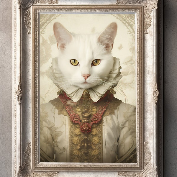 White Cat Vintage Portrait, Pet Painting, Renaissance Animal Portrait, Animal Head, Human Body Quirky Cat Poster, Digital Art Print