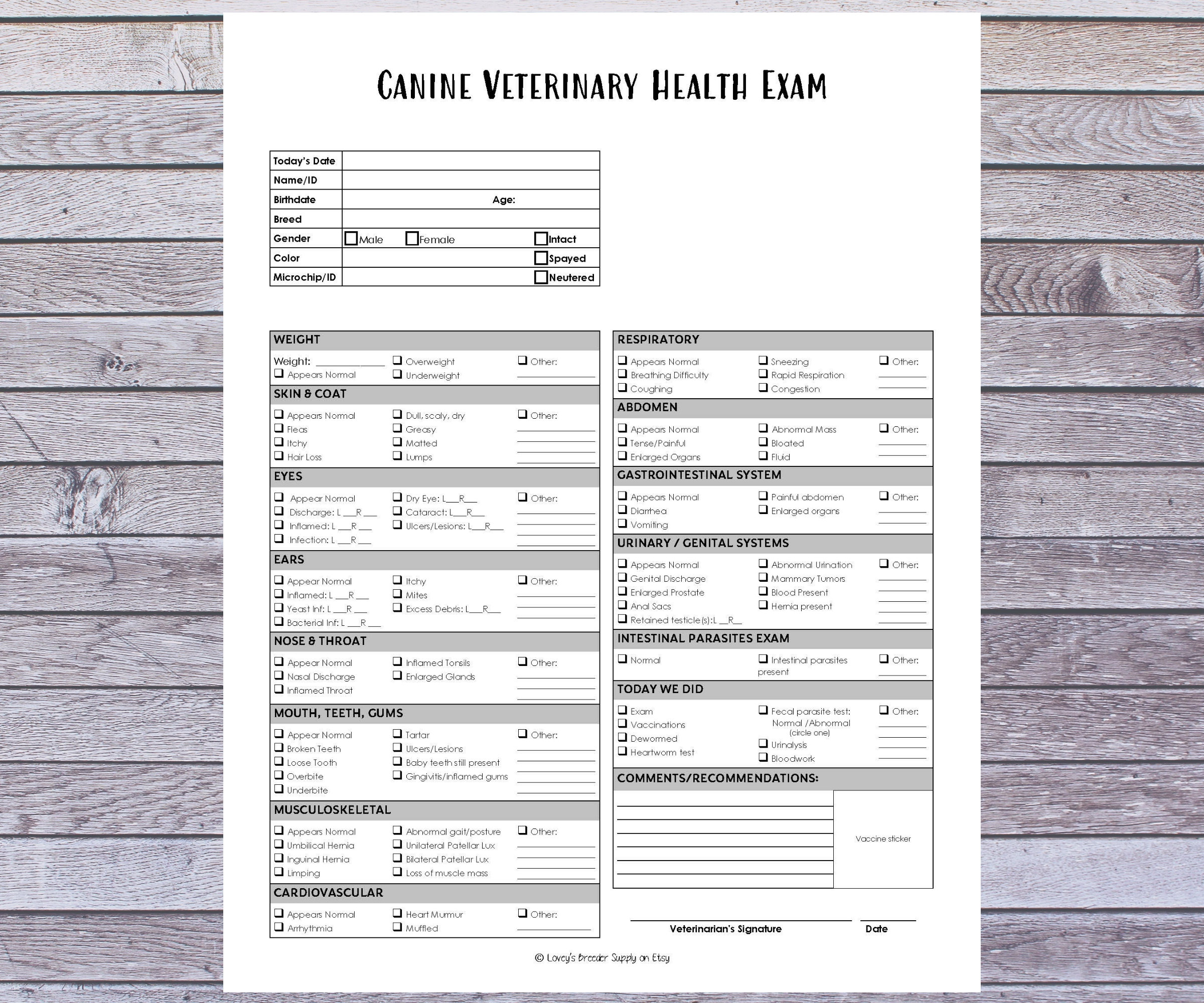 canine veterinary health exam form- vets, breeders, pet owners - etsy