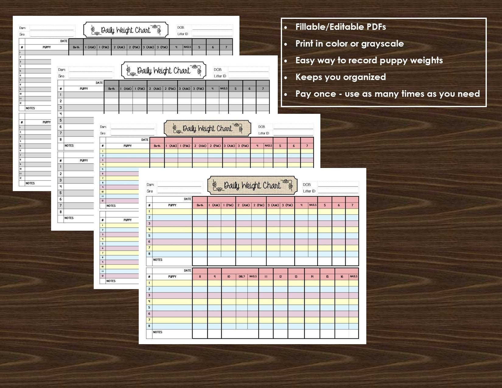 Daily Puppy Weight Charts For Dog Breeders 14 Day Charts Etsy