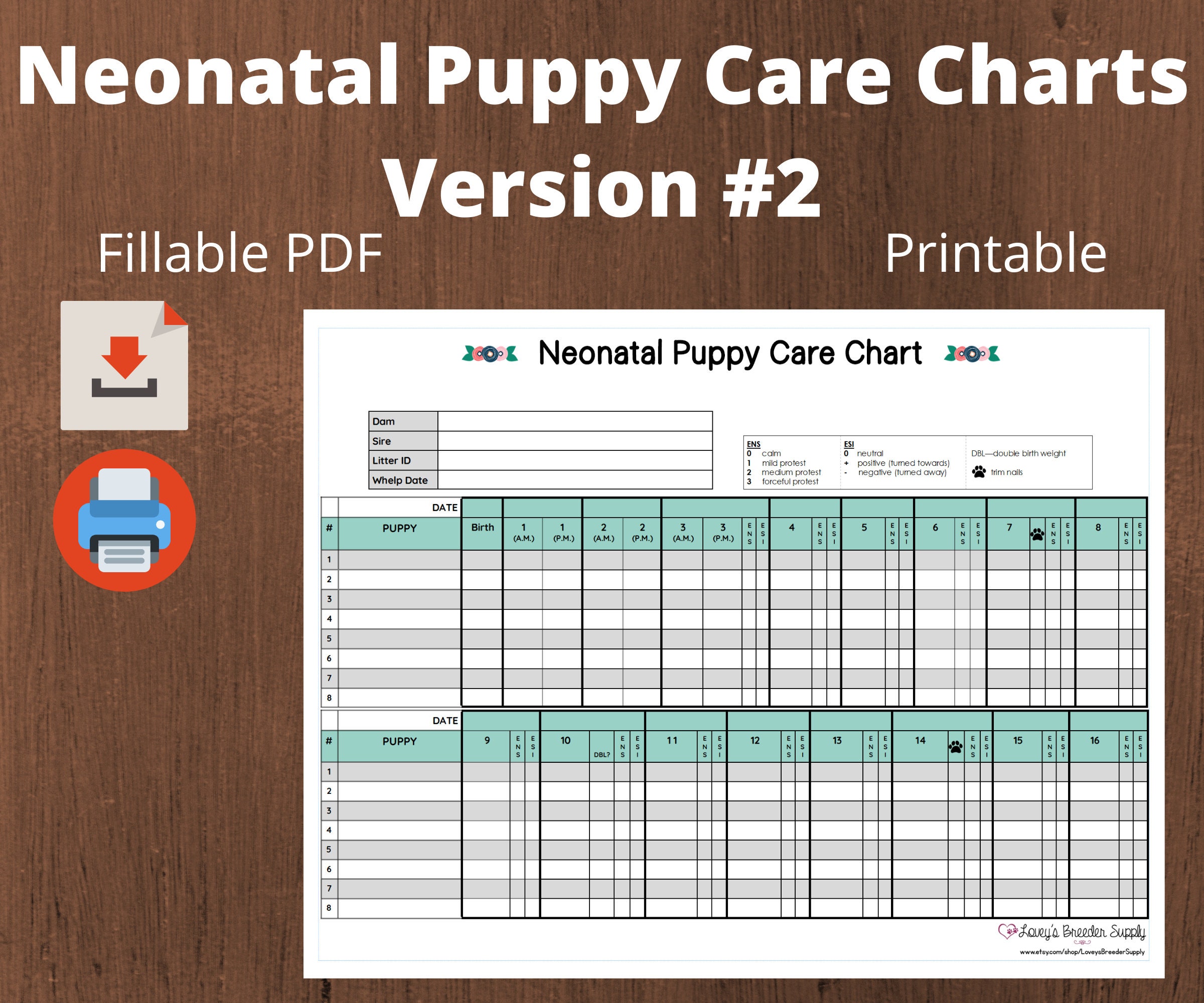 Neonatal Puppy Weight Chart version 2 Daily Puppy Weight Chart-litter  Records for Dog Breeders 16 Day Chart fillable PDF 