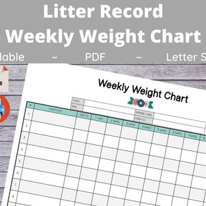 Puede incluir: Tabla de peso semanal imprimible para hacer un seguimiento del crecimiento de los cachorros. La tabla incluye columnas para el ID del cachorro, la fecha de nacimiento y las medidas de peso semanales de 1 a 9 semanas. La tabla está diseñada con un esquema de color azul claro y verde y presenta un diseño floral.