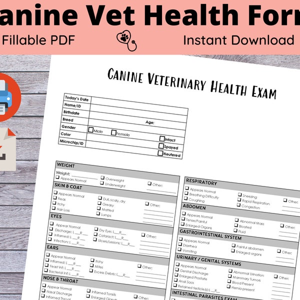Canine Veterinary Health Exam Form- Vets, Breeders, Pet Owners