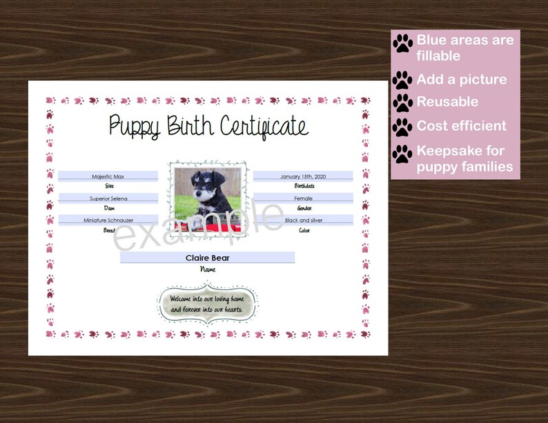 Puppy Birth Certificate Fillable PDF | Etsy