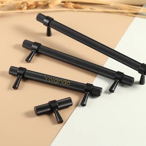 Manijas de latón moleteado negro para cajones de gabinetes, tiradores de bronce para armarios de cocina, tiradores de tocador con barra en T grabados con láser, herrajes para muebles