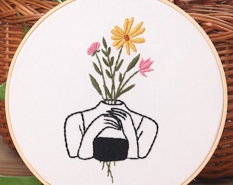 Diy Kit embroidery beginner, plant embroidery kit, female body with floral embroidery kit, plant Embroidery hoop pattern, diy Kit adult